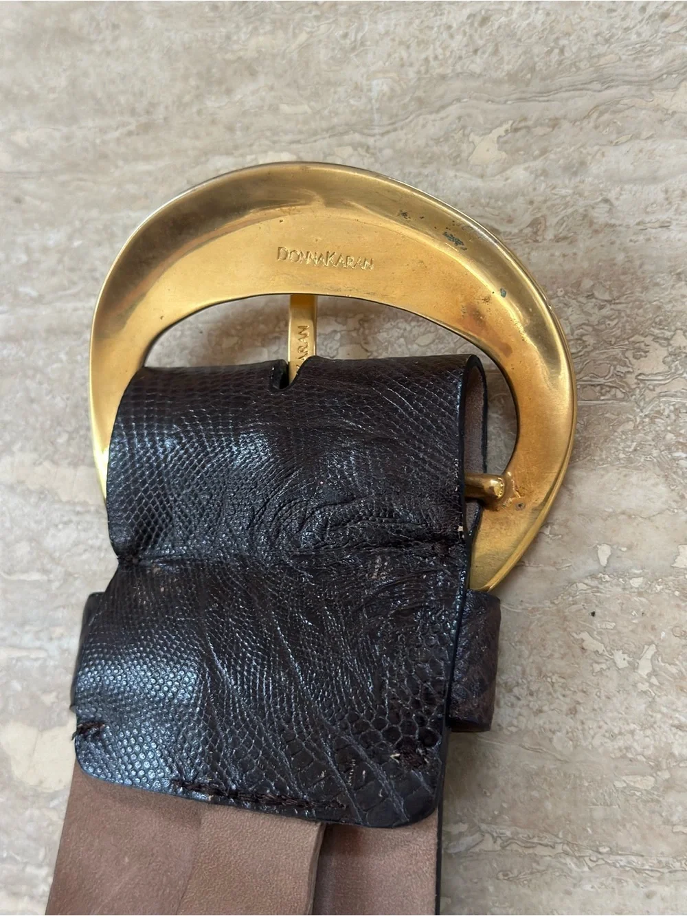 Donna Karan Dark Brown Textured Leather Belt with Gold-Tone Buckle size 29 S/M